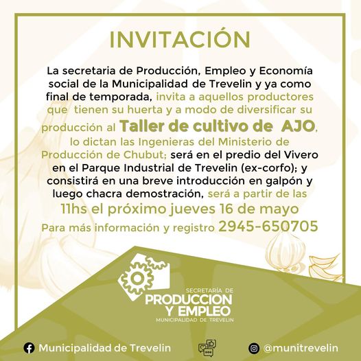 Invitación a taller de cultivo de ajo en Trevelin
